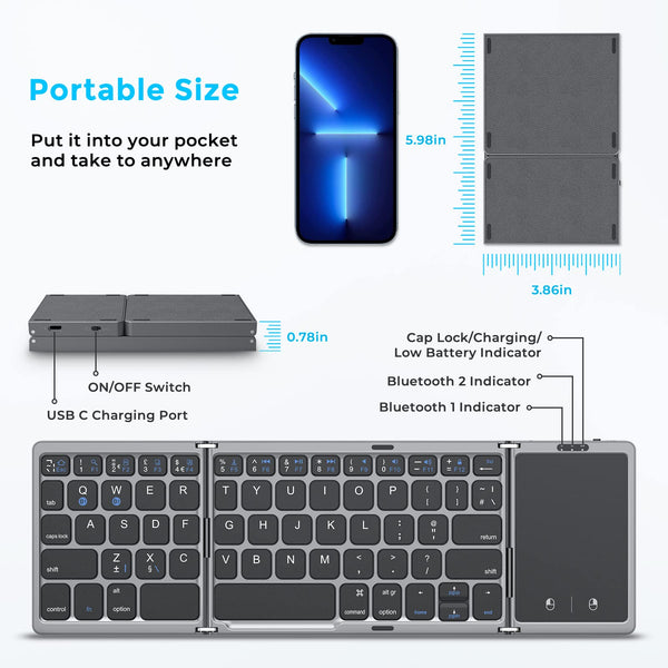 Seenda Folding Bluetooth Keyboard with Touchpad, Foldable Portable Travel Mini Wireless Keyboard, Rechargeable UK layout for iOS Android Windows PC Tablet phone ipad, Black and Grey