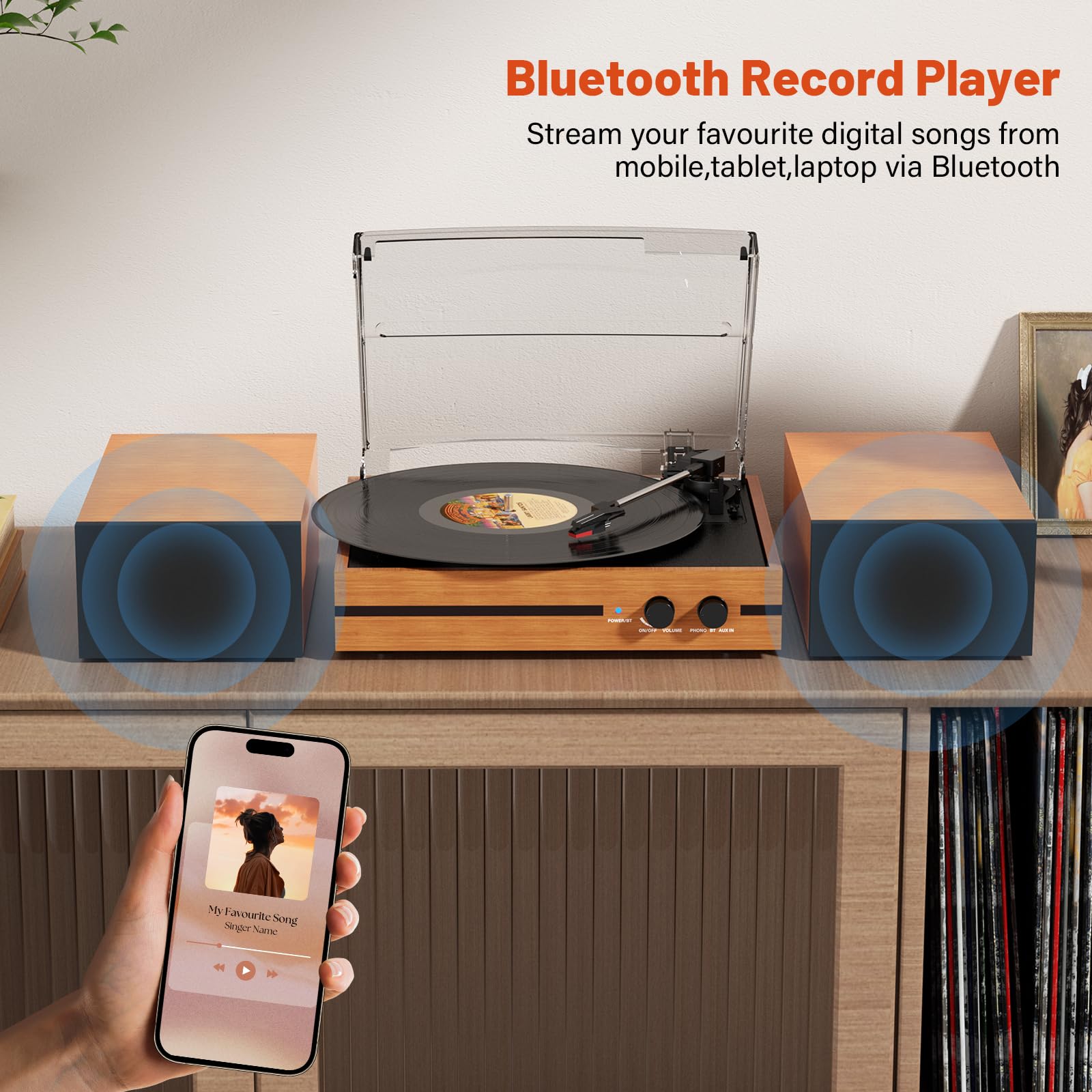 Retro Vinyl Record Player Bluetooth Desktop Phonograph Belt-Drive Turntable with External Speakers,Dual Stereo Speakers LP Players AUX Headphone Input RCA Out, 3 Speeds 3 Sizes Wood Brown
