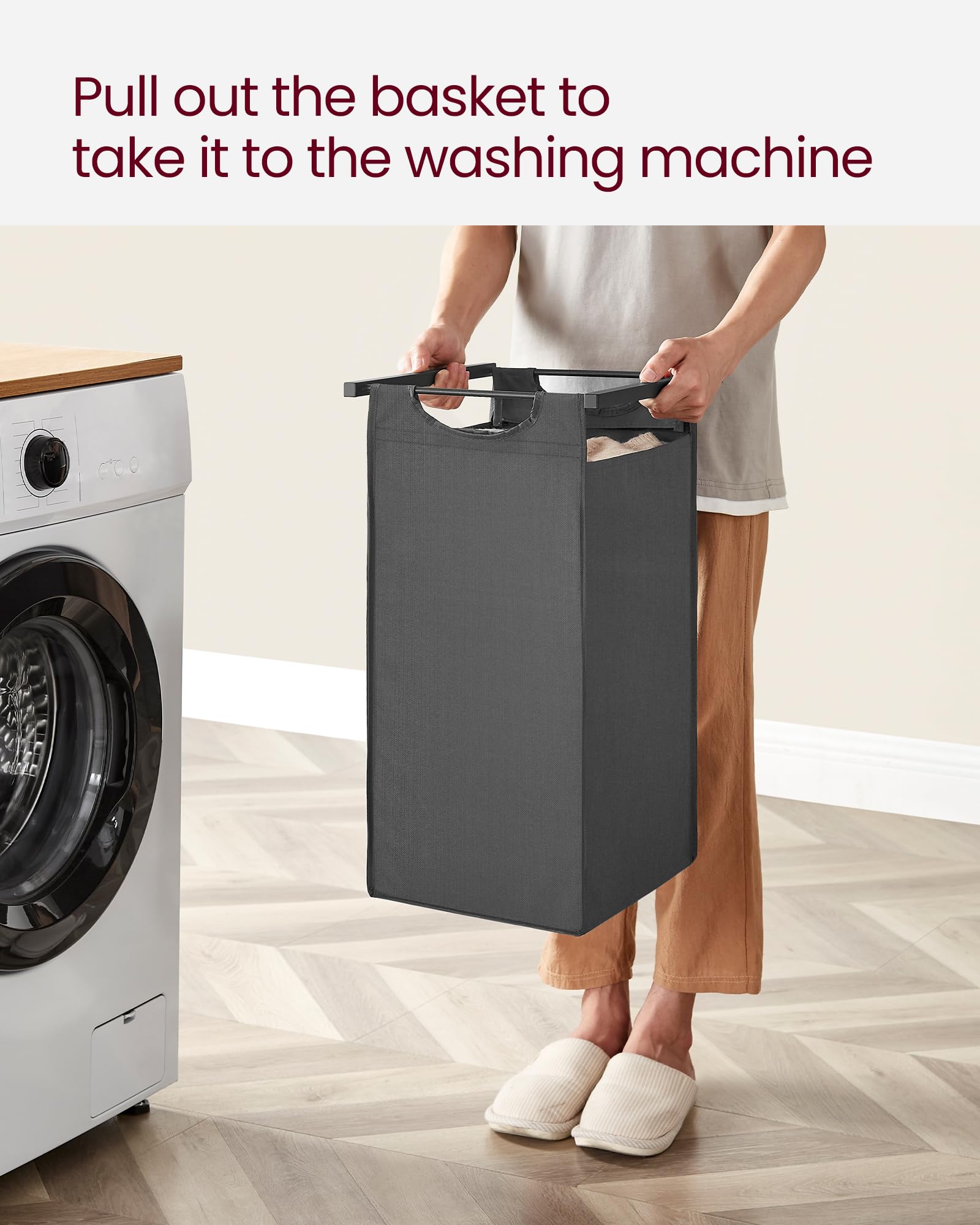 VASAGLE Laundry Basket, Laundry Hamper, Pull-Out and Removable Liner Bag, Shelf, Metal Frame, 65 L, 50 x 33 x 72 cm, Ink Black and Rustic Brown BLH101B01