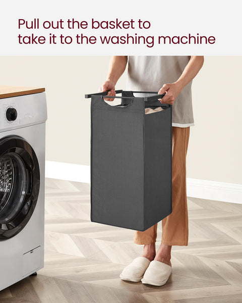 VASAGLE Laundry Basket, Laundry Hamper, Pull-Out and Removable Liner Bag, Shelf, Metal Frame, 65 L, 50 x 33 x 72 cm, Ink Black and Rustic Brown BLH101B01