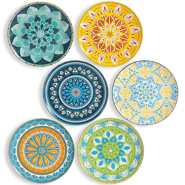AHX Dinner Plates Set of 6-10 Inch Large Ceramic Plate for Salad, Pasta, Steak - Colorful Patterns - Dishwasher and Microwave Oven Safe