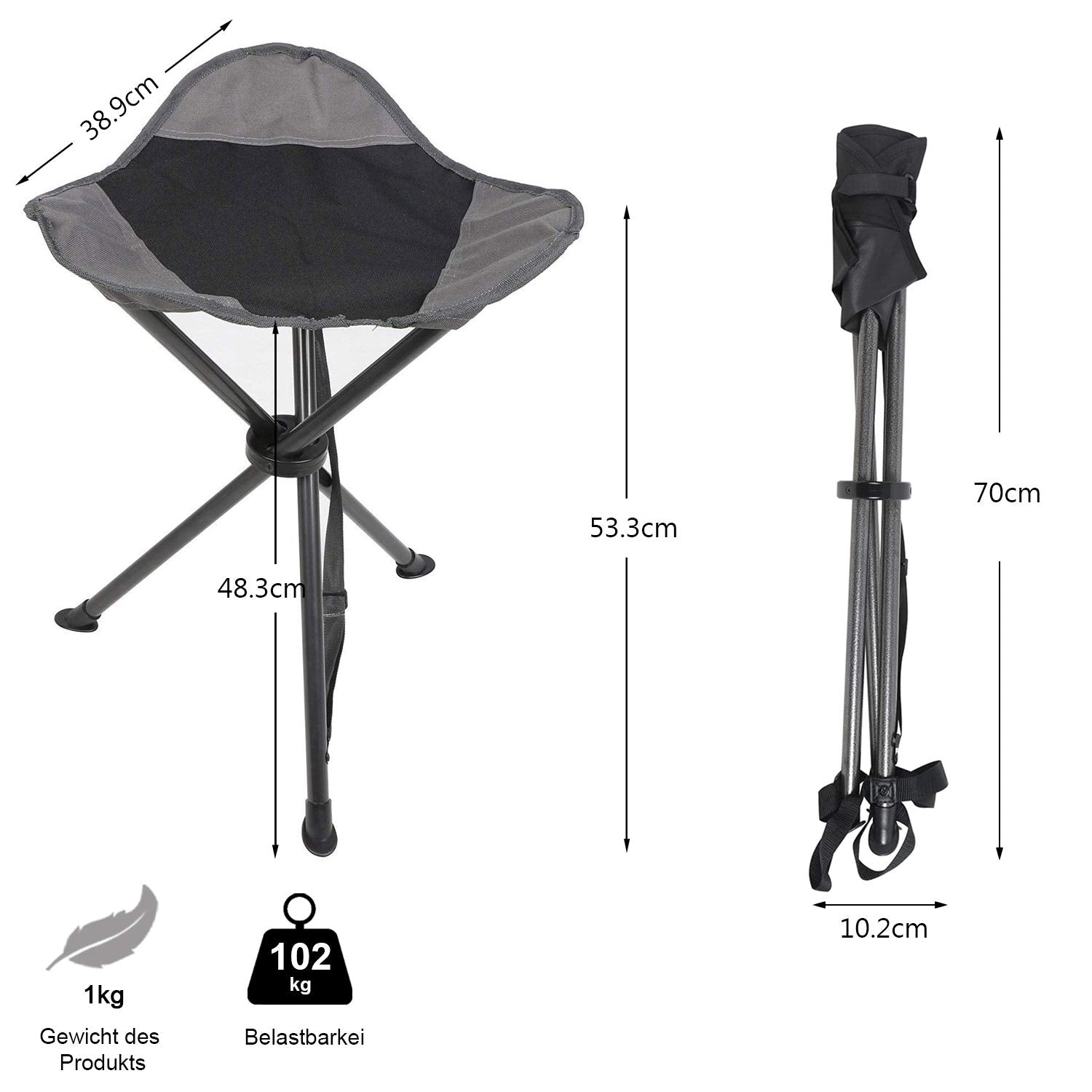 EVER ADVANCED Folding Stool Tripod Tall 53 cm Lightweight Camping Stool Compact Portable Fishing Tripod Camping Chair Collapsible for Outdoor Travel Walking Garden Backpack Hold Up 102 KG