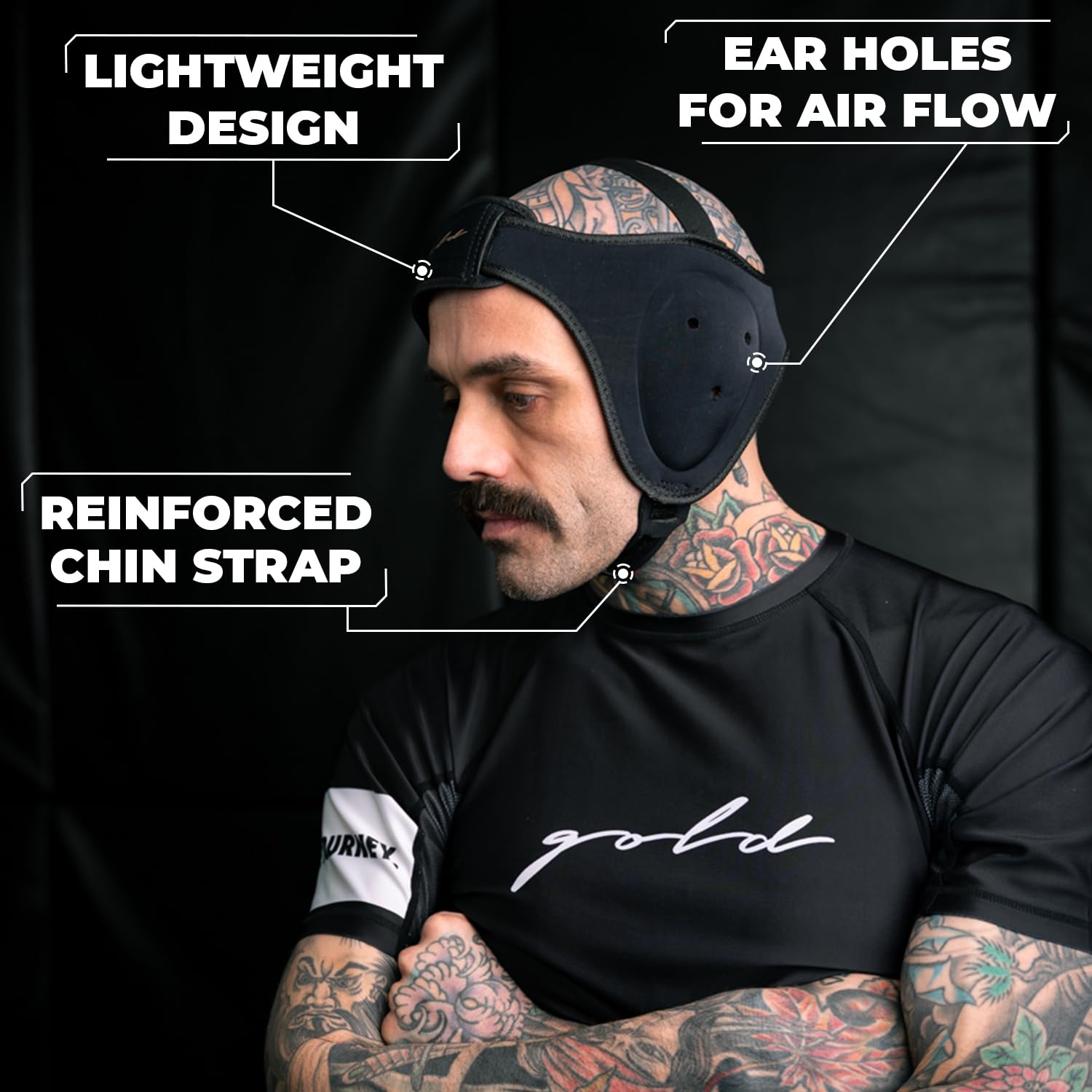 Gold BJJ Headgear for Jiu Jitsu, Wrestling, and MMA - Cauliflower Ear Protection: One Size Fits All, Reinforced Velcro Chin Strap - Bonus Mouthguard