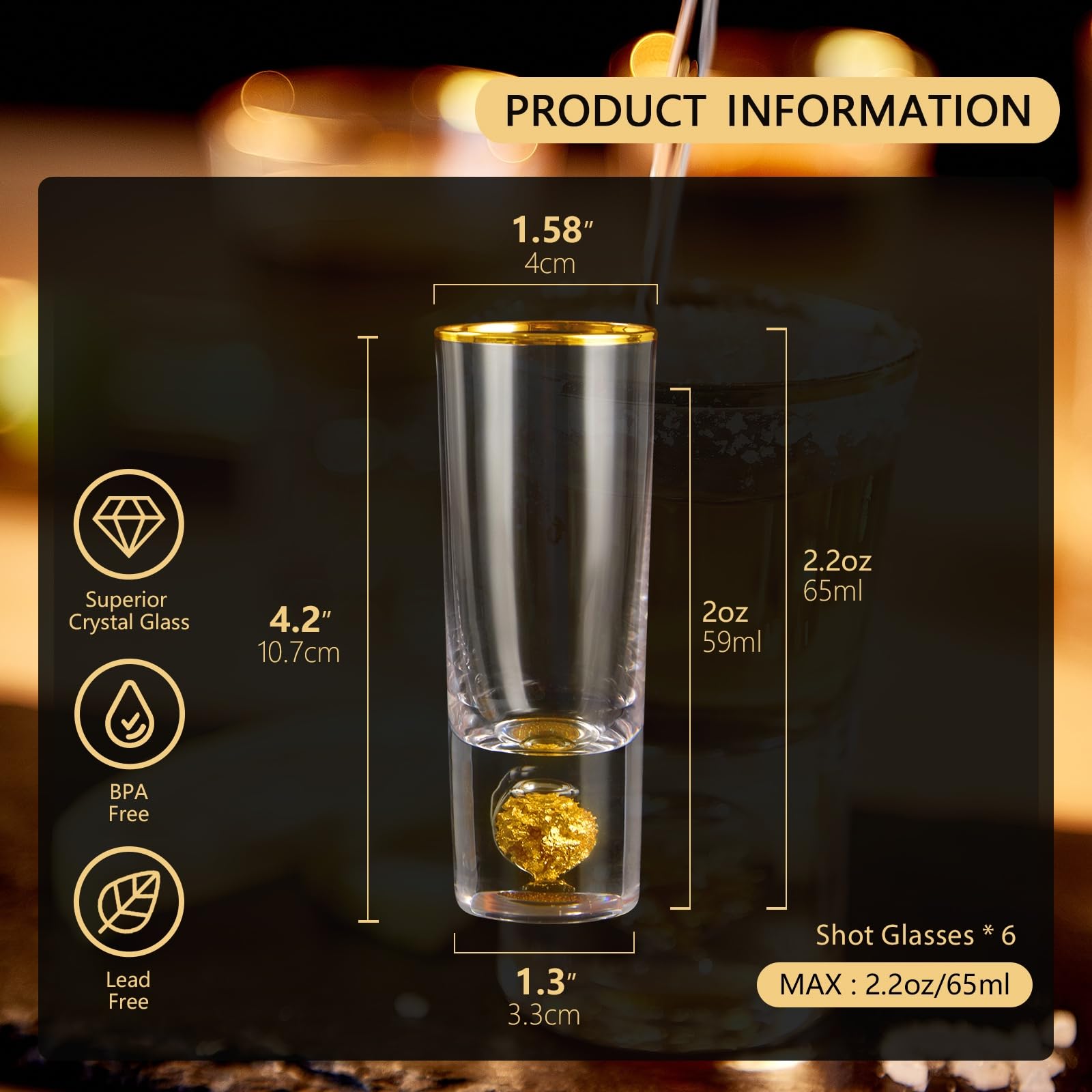DUJUST Crystal 60ml Shot Glasses Set, Cool & Tall Shot Glasses Set Decorated with 24K Gold Leaf Flakes, BPA-Free & Lead-Free, Perfect for Dcor &