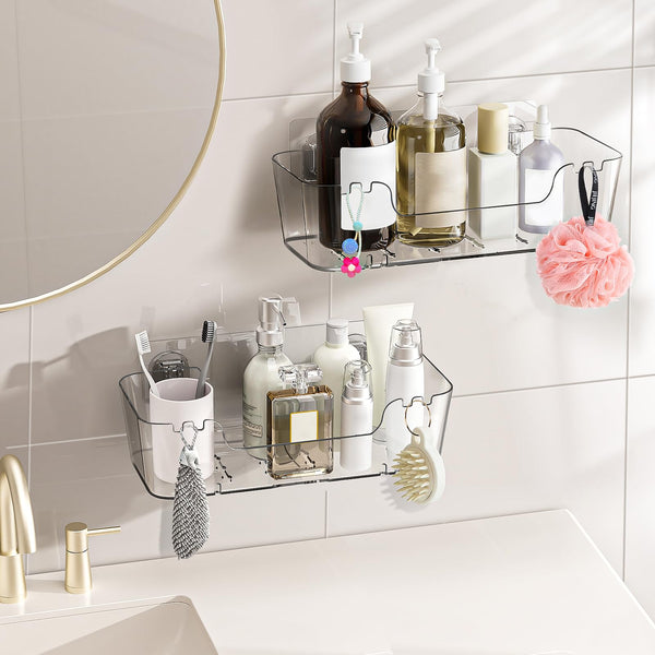 CGBE 2 Pack Acrylic Shower Shelves, Self Adhesive Shelf with Hidden Hooks, Bathroom Shelves No Drilling with Drainage, Wall Mount Adhesive Shelf for