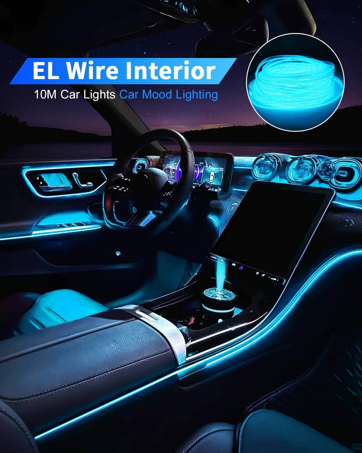 Keiurot El Wire Car Lights Neon Light for Car USB Ice Blue 10M/32Ft Car Ambient Lighting Atmosphere Car Led Interior Strip Light Sewing Edge Decoration Dashboard Lights Strip LED Trim Light