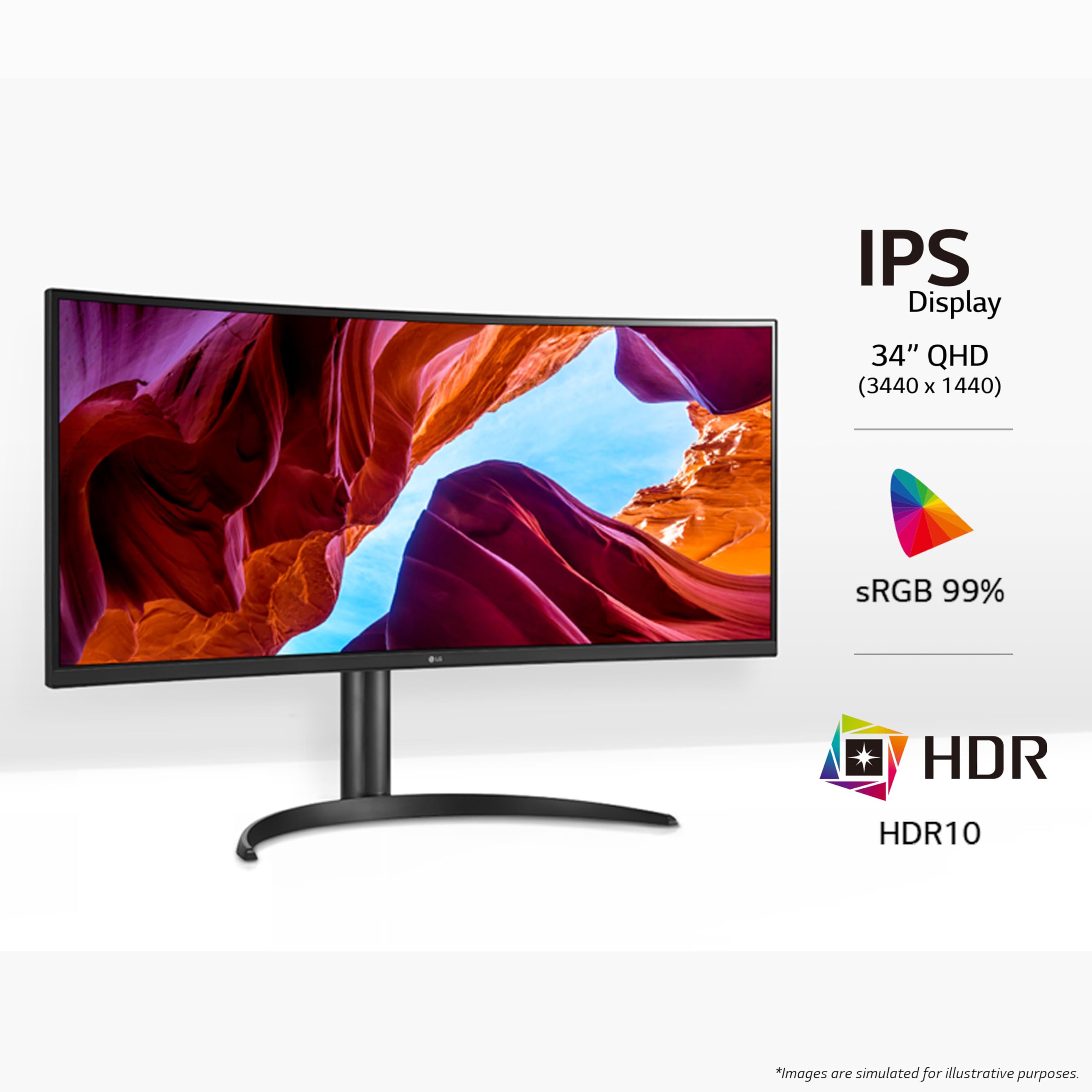 LG Electronics Curved UltraWide Monitor 34WR55QK, 34 inch, 1440p, 100Hz, 5ms Response Time, VA Panel, Smart Energy Saving, USB-C (65W Power Delivery), Displayport, HDMI