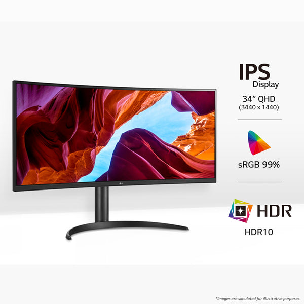 LG Electronics Curved UltraWide Monitor 34WR55QK, 34 inch, 1440p, 100Hz, 5ms Response Time, VA Panel, Smart Energy Saving, USB-C (65W Power Delivery), Displayport, HDMI