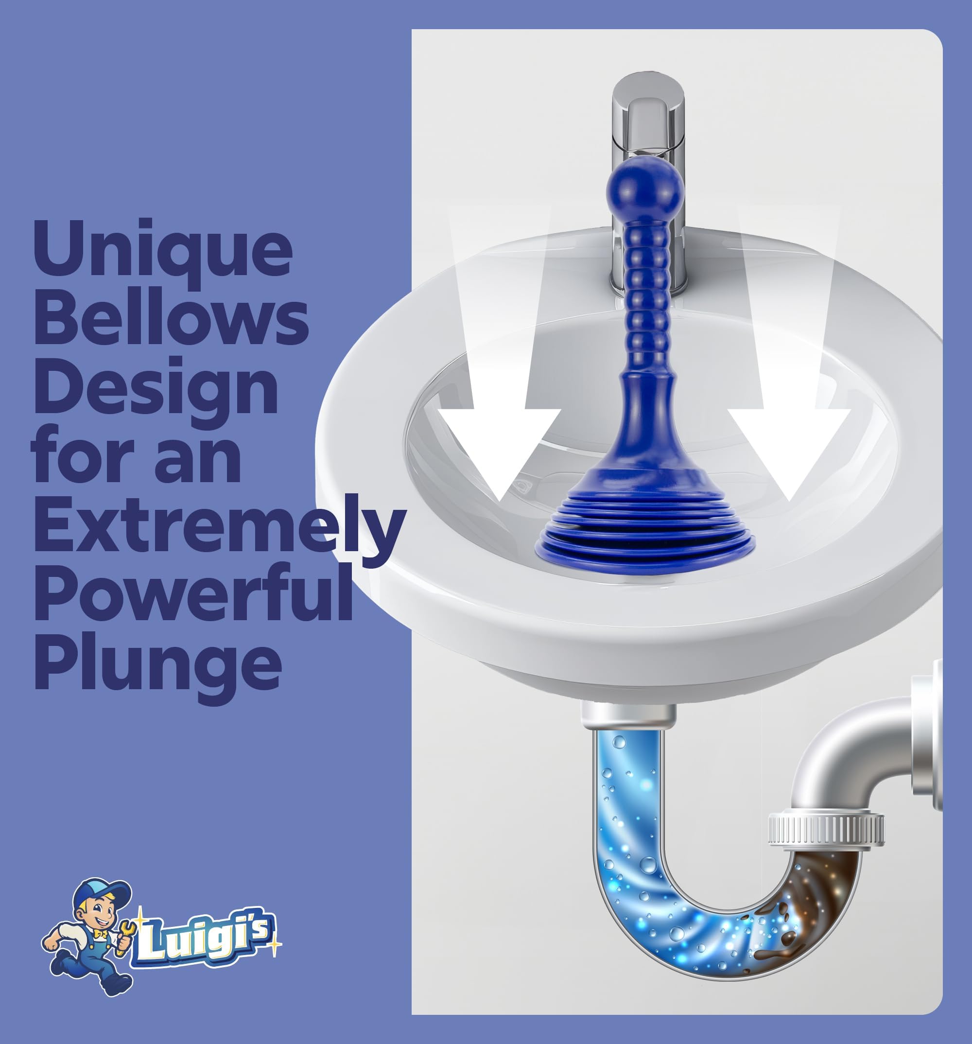 Luigi's Sink Plunger - Drain Plunger Sink Unblocker - Plungers for Unblocking - Drain Plungers for Bathroom Kitchen Bath Shower - Unblock Pump with Accordion Bellows