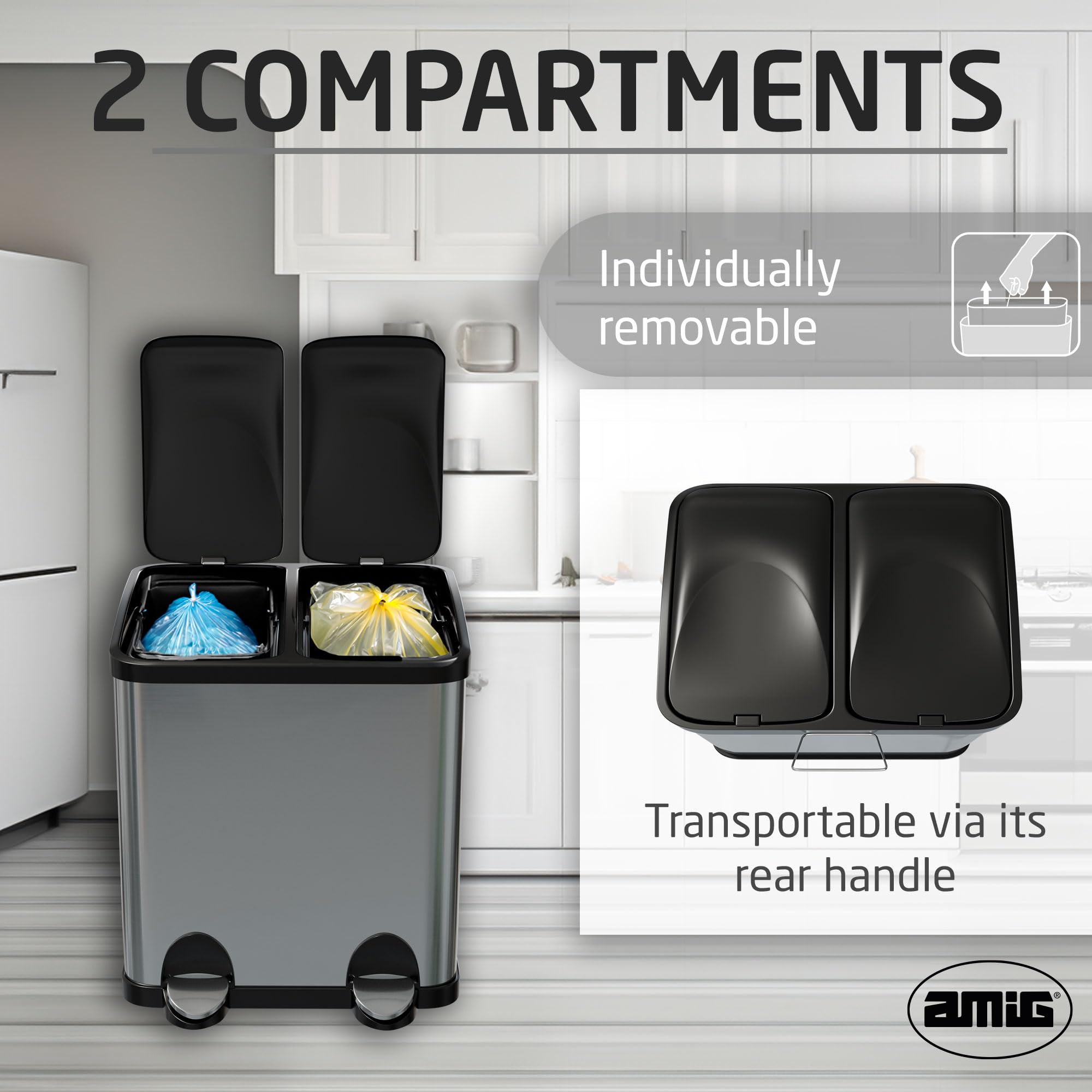 Amig - Double Recycling Bin with Pedals Mod. RECIK2 | Anti-smudge Kitchen Bin | Stainless Steel | 2 Compartments x 15 L | 48 x 32 x 40 cm | Silver and