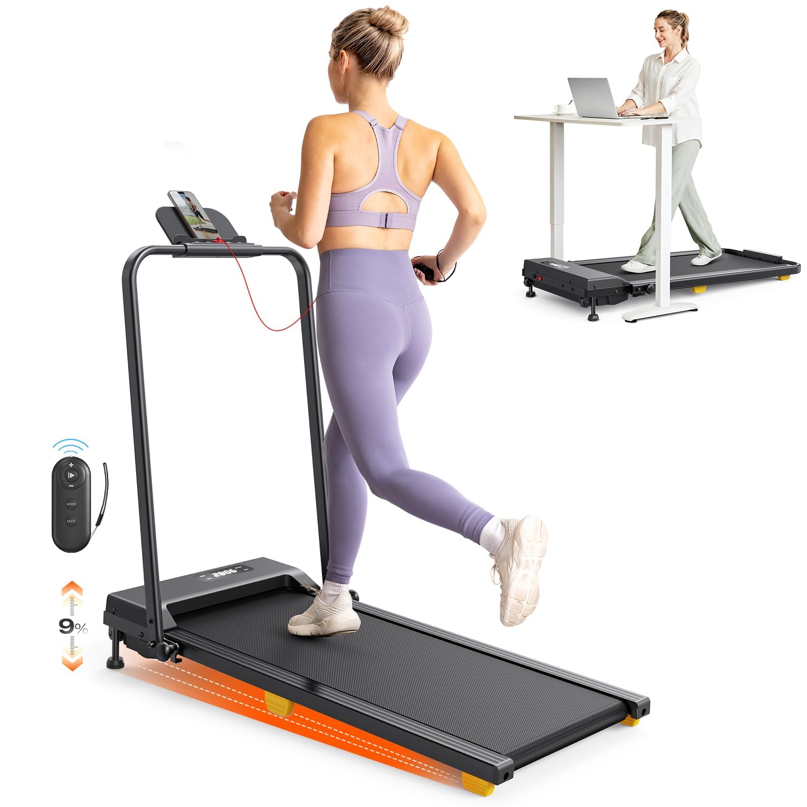 Folding Treadmill with 9% Incline, Walking Pad Foldable with Safety Handle Bar, One-Touch HIIT Mode, Walking, Jogging or Running for Home Office, No Assembly Required, Remote Control & LED Display