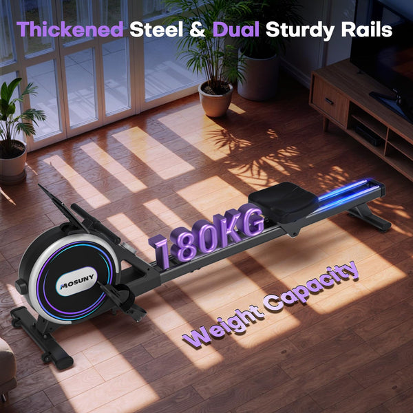 Rowing Machine, MOSUNY Ultra-Quiet Magnetic Rowing Machines for Home Gym with 16/32 Level Resistance & App Support, Upgrade Smooth Double Glide System, 350LBS Capacity Foldable Rower with LCD Monitor