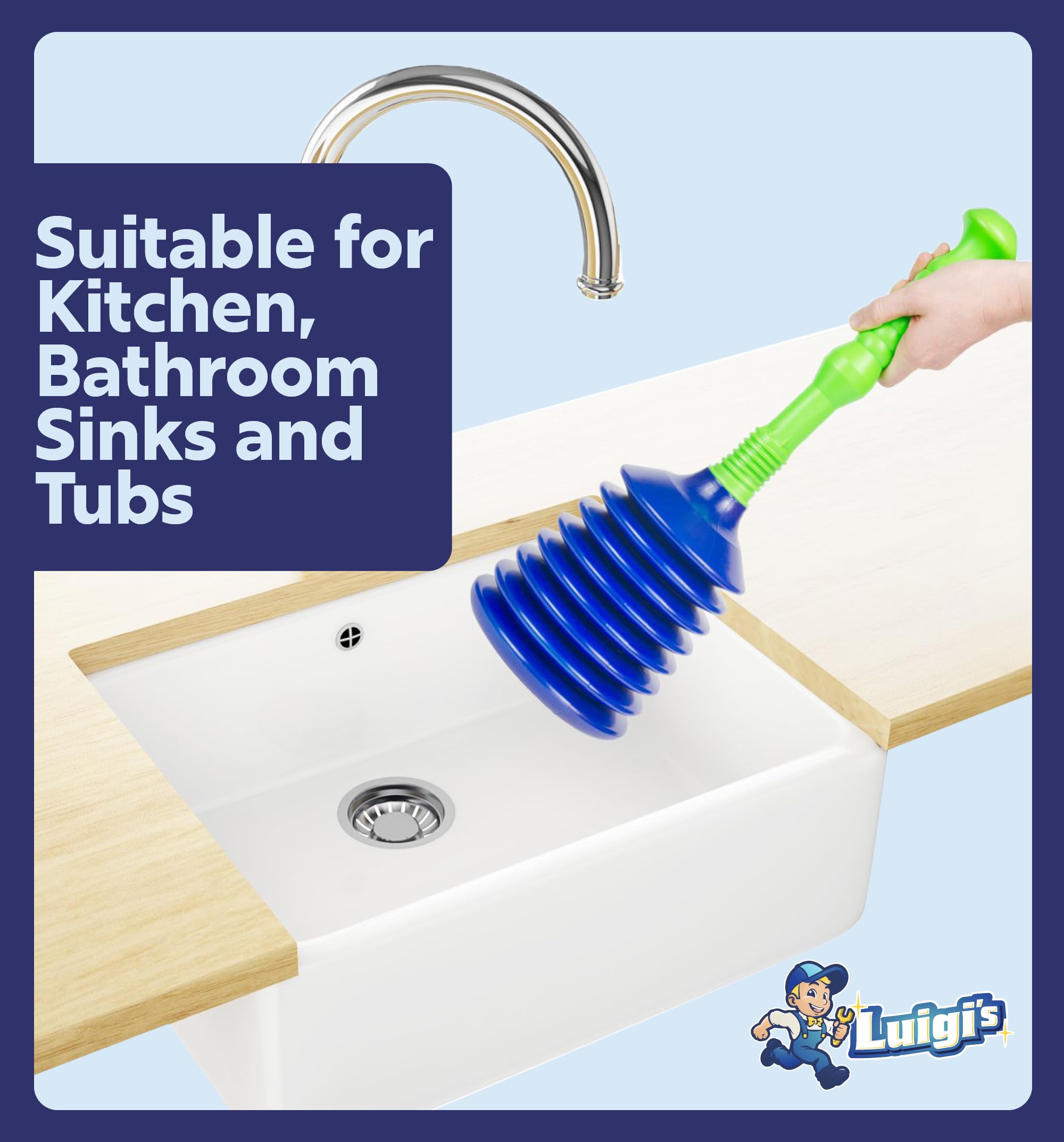 Luigi's Sink Plunger - Drain Plunger Sink Unblocker - Plungers for Unblocking - Drain Plungers for Bathroom Kitchen Bath Shower - Unblock Pump with Accordion Bellows