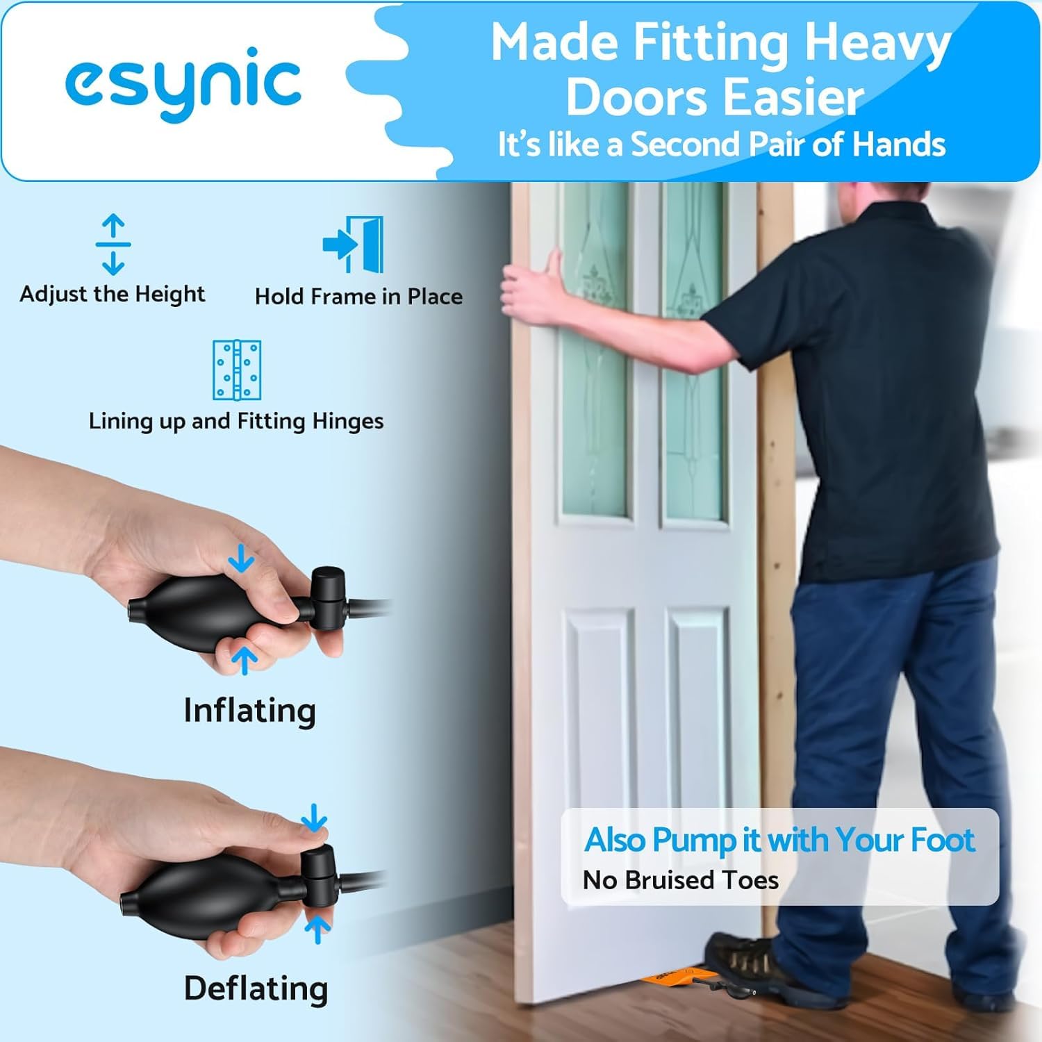 eSynic 3Pack Air Wedge Pump up Bag Inflatable Wedge Winbags Smooth TPU Air Bags for Lifting Door Air Wedge Door Lifter Pump Load-Bearing 297 Pounds/134KG with 4 Plastic Wedges-Blue