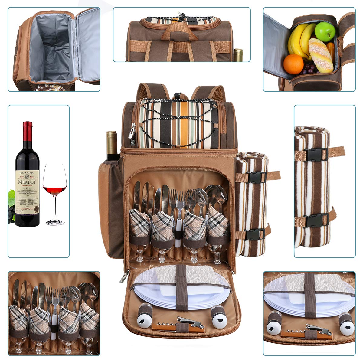 Hap Tim Picnic Basket Backpack for 4 Person with Insulated Leakproof Cooler Bag, Wine Holder, Fleece Blanket, Cutlery Set,Perfect for Beach, Hiking,