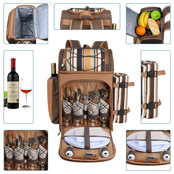 Hap Tim Picnic Basket Backpack for 4 Person with Insulated Leakproof Cooler Bag, Wine Holder, Fleece Blanket, Cutlery Set,Perfect for Beach, Hiking,
