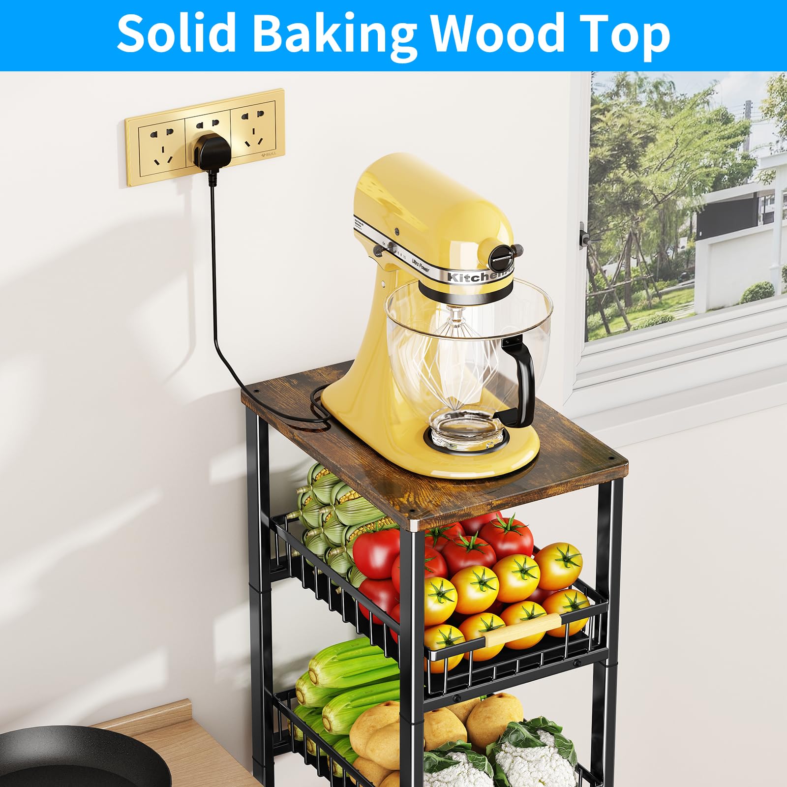 Fruit Vegetable Storage Basket for Kitchen, 5 Tier Large Pull-Out Metal Wire Baskets with 4 Pack Mats Bottom, Wood Top and Wheels, Vegetable Produce