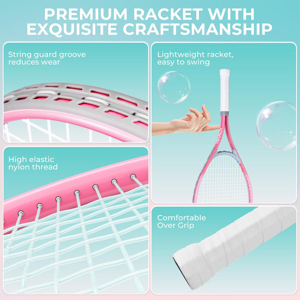 HIRALIY 27" Tennis Rackets Set of 2, 3 Tennis Balls, 2 Racquets, 2 Overgrip Tapes and 1 Carrying Bag Outdoor Recreational Sport Game (Pink/Green)