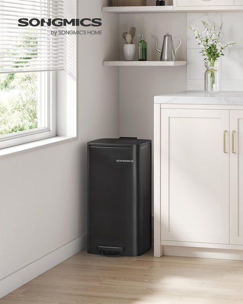 SONGMICS Kitchen Bin, 8-Gallon (30 L) Trash Bin, Steel Pedal Bin, with Inner Bucket, Soft Close and Stays Open, Ink Black LTB593B02