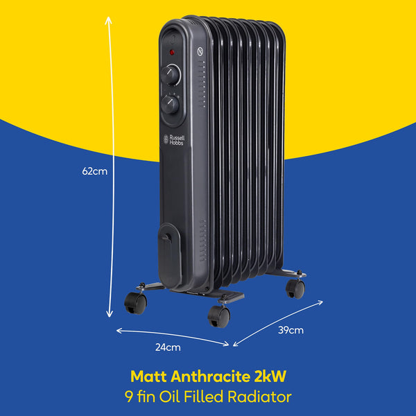 Russell Hobbs 1500W/1.5KW Oil Filled Radiator, 7 Fin Portable Electric Heater - Anthracite, Adjustable Thermostat, 3 Heat Settings, Overheat Protection, 15m sq Room Size, 2 Year Guarantee RHOFR7004A