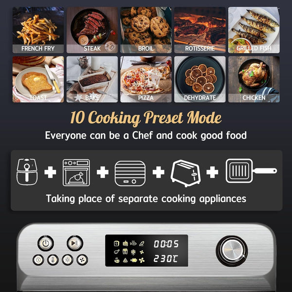 HYSapientia® 24L Air Fryer Oven With Rotisserie Large XXL Digital Knob 1800W 10 in 1 airfryer Countertop Convection Mini Toaster Oven electric and grill, Stainless steel inner, Full Accessory Set