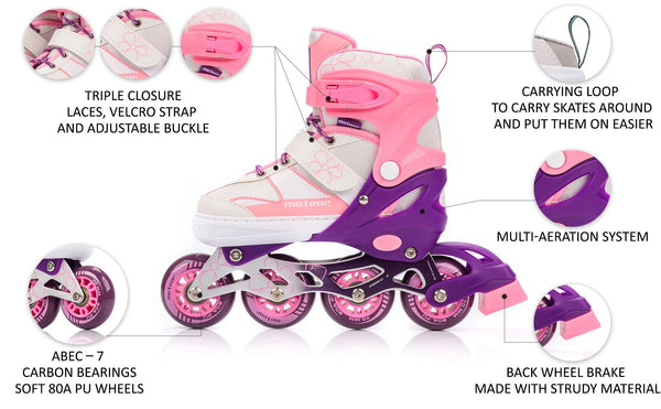meteor Inline Skates Children's Kids Inliners Roller Skates Roller Blades ABEC 7 Carbon Children's Inline Skates Adjustable Shoe Size (Pink, M 34-37)