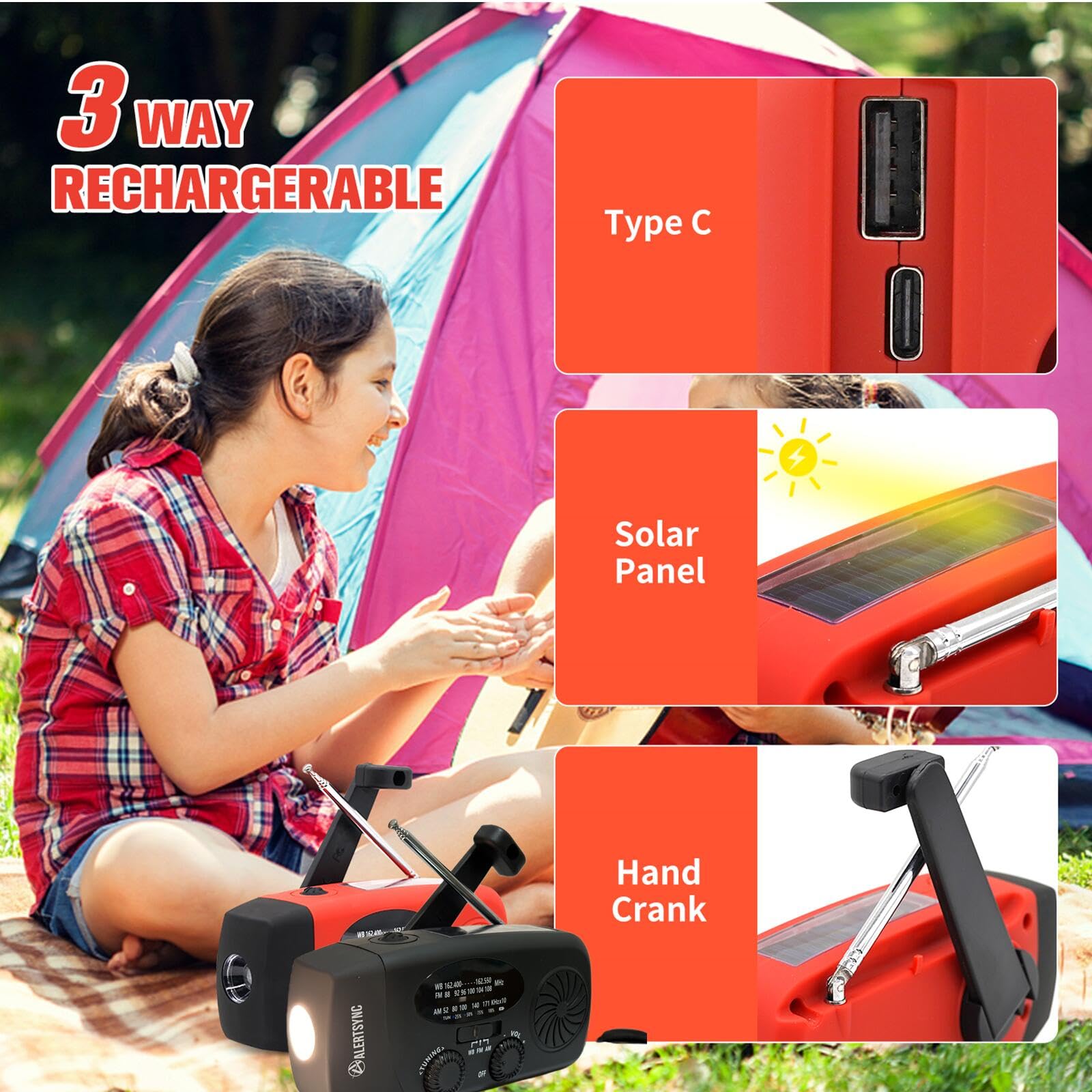 iRonsnow Solar Emergency Hand Crank Weather Radio, Portable Self Powered NOAA AM/FM Radios with SOS Alarm LED Flashlight 2000mAh Smart Phone USB Charger for Camping (Red)