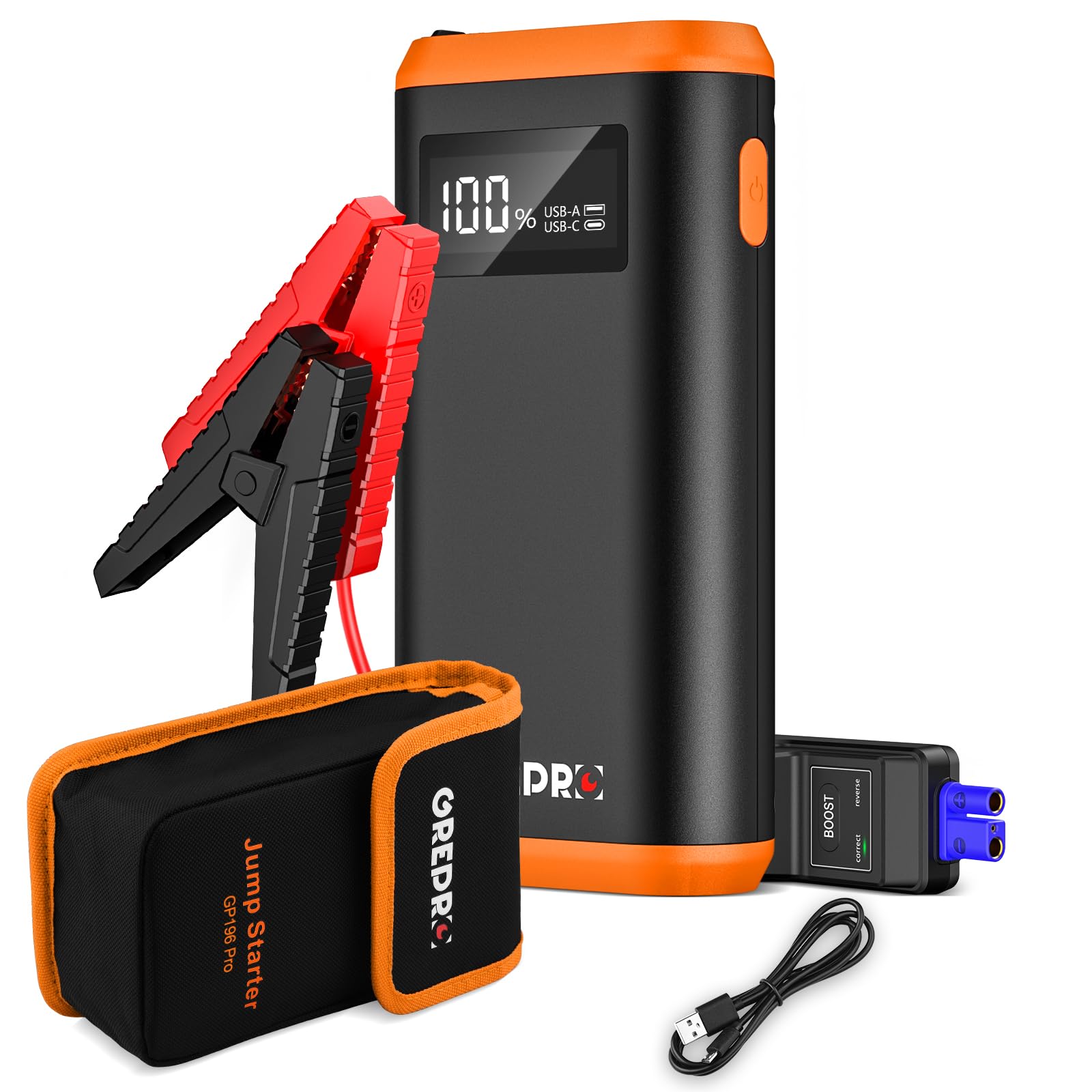 GREPRO Jump Starter Power Pack (up to 6.5L Gas, 4.0L Diesel), 2000A Car Battery Booster Jump Starter and Jump Pack for 12V Vehicles, Motorcycle, Jump Starter with LCD Screen and LED Flashlight