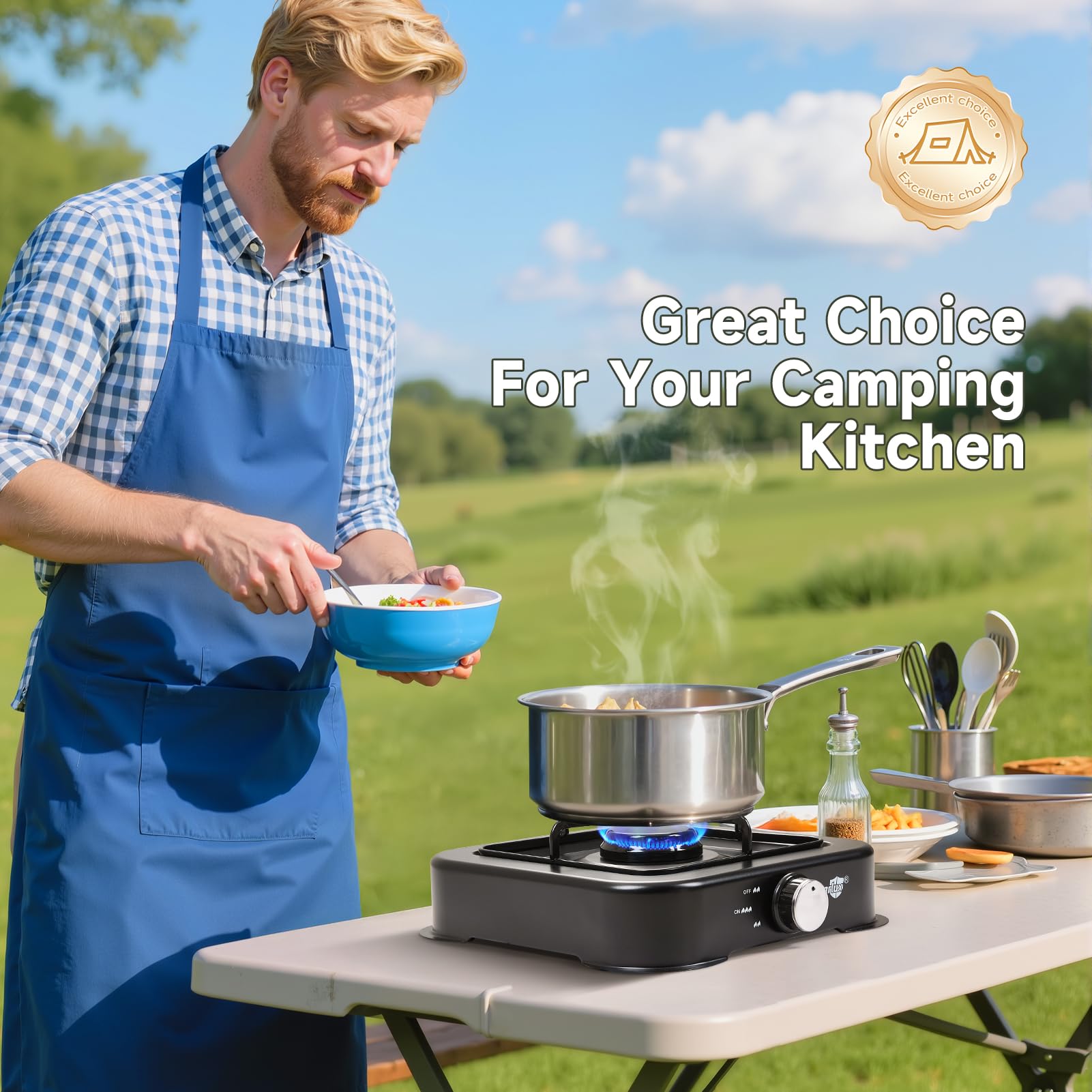 Warmiehomy Camping Gas Stove, Single Burner Portable Gas Stove, 2200W Gas Hob Cooker with Lid, Propane Camp Stoves for Camping, Garden, Travel, Outdoor Cooking