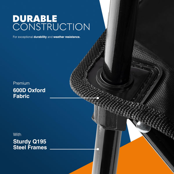 Voyager Folding Camping Chairs 2 Pack with Cooler Bag, Lightweight Q195 Steel Frame, 600D Oxford Fabric, Portable & Comfortable - Black (Black, Padded)