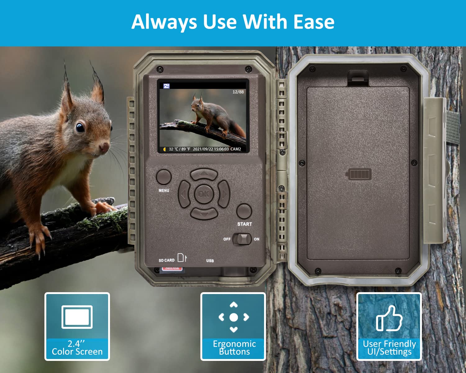 GardePro E5S Wildlife Camera, 64MP 1296p Trail Camera, H.264 Video, 100ft Night Vision, Ultra-fast 0.1s Motion Activated, Garden Camera Trap