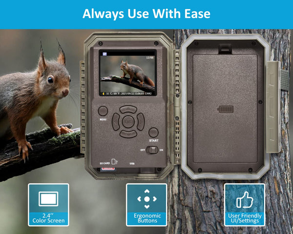 GardePro E5S Wildlife Camera, 64MP 1296p Trail Camera, H.264 Video, 100ft Night Vision, Ultra-fast 0.1s Motion Activated, Garden Camera Trap