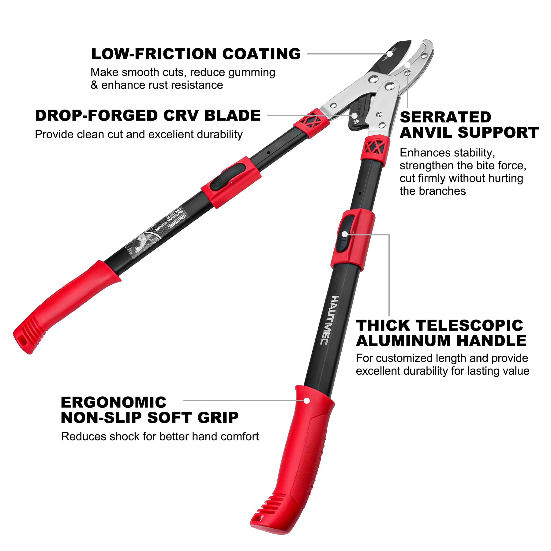 HAUTMEC Extendable 27-37'' Anvil Loppers with Compound Action System, 2 Inch Cut Capacity, Labor-Saving Tree Trimmer, Heavy Duty Thick Branch Garden