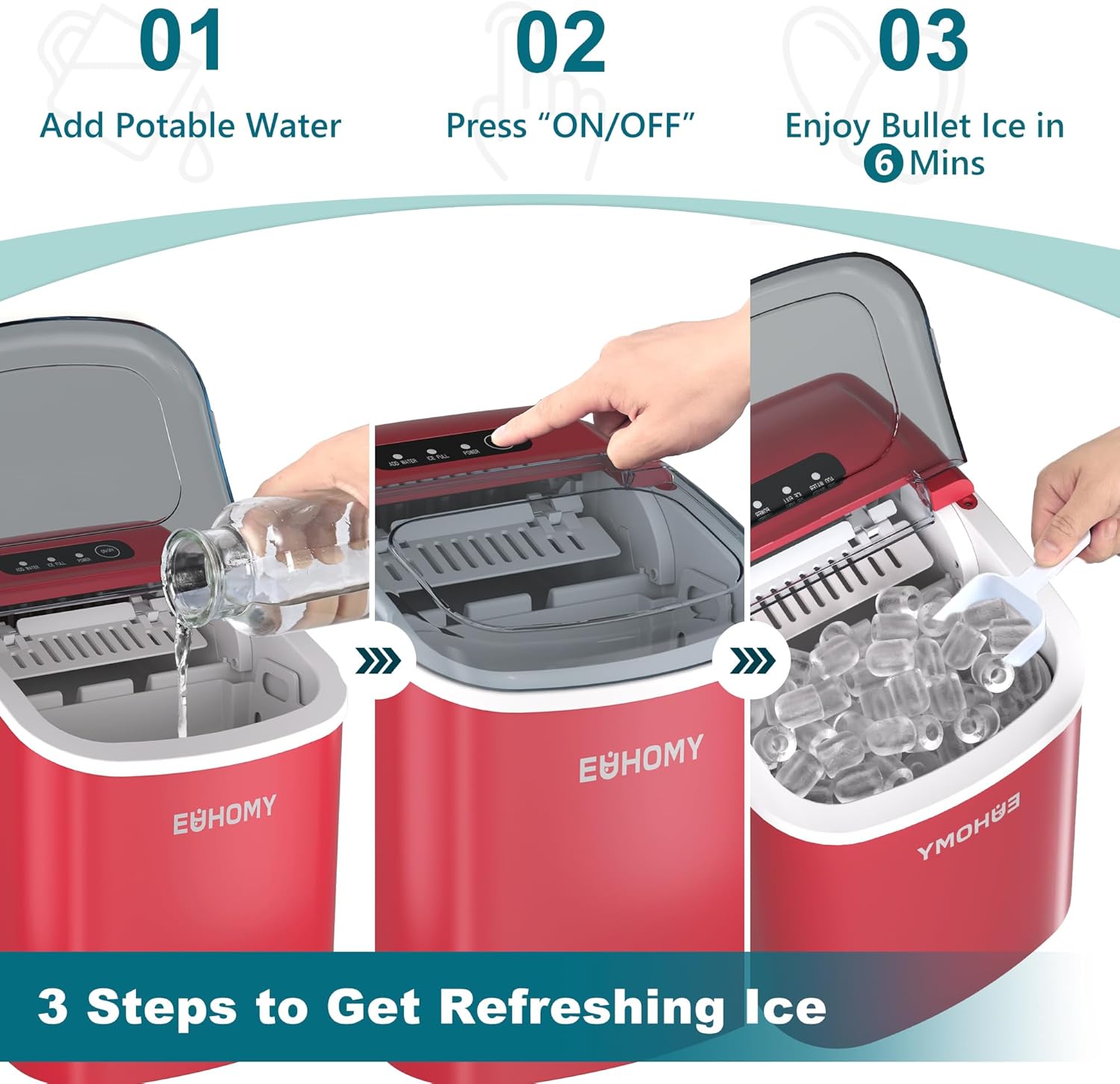 Ice Maker Machine Countertop Ice Cube Maker with Portable Handle, 9 Ice Cubes in 6 Mins, Self-Cleaning Compact Ice Maker 12 kg in 24 Hrs, with Ice Scoop and Basket for Home/Kitchen/Office/Bar