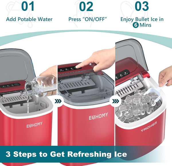Ice Maker Machine Countertop Ice Cube Maker with Portable Handle, 9 Ice Cubes in 6 Mins, Self-Cleaning Compact Ice Maker 12 kg in 24 Hrs, with Ice Scoop and Basket for Home/Kitchen/Office/Bar