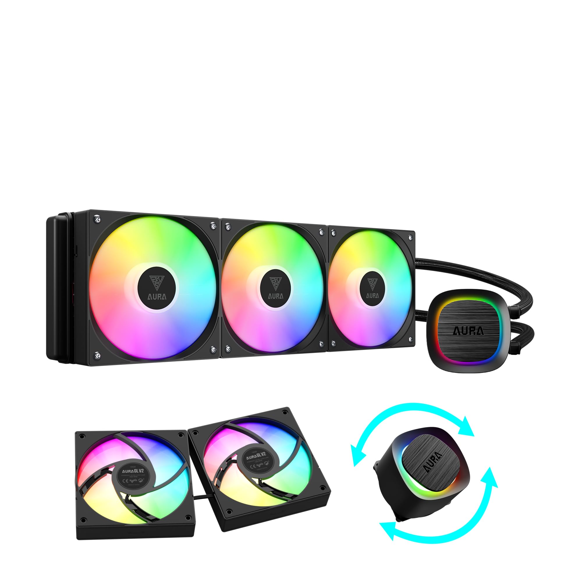 GAMDIAS AURA GL240 V2 AIO, 240mm CPU Liquid Cooler, Easy Cable Routing Design, Rotatable Performance Pump, 2 x 120mm Low-Noise PWM ARGB Fan w/ MB Sync, AMD AM5/AM4；Intel LGA 1851/1700/115x/1200, White