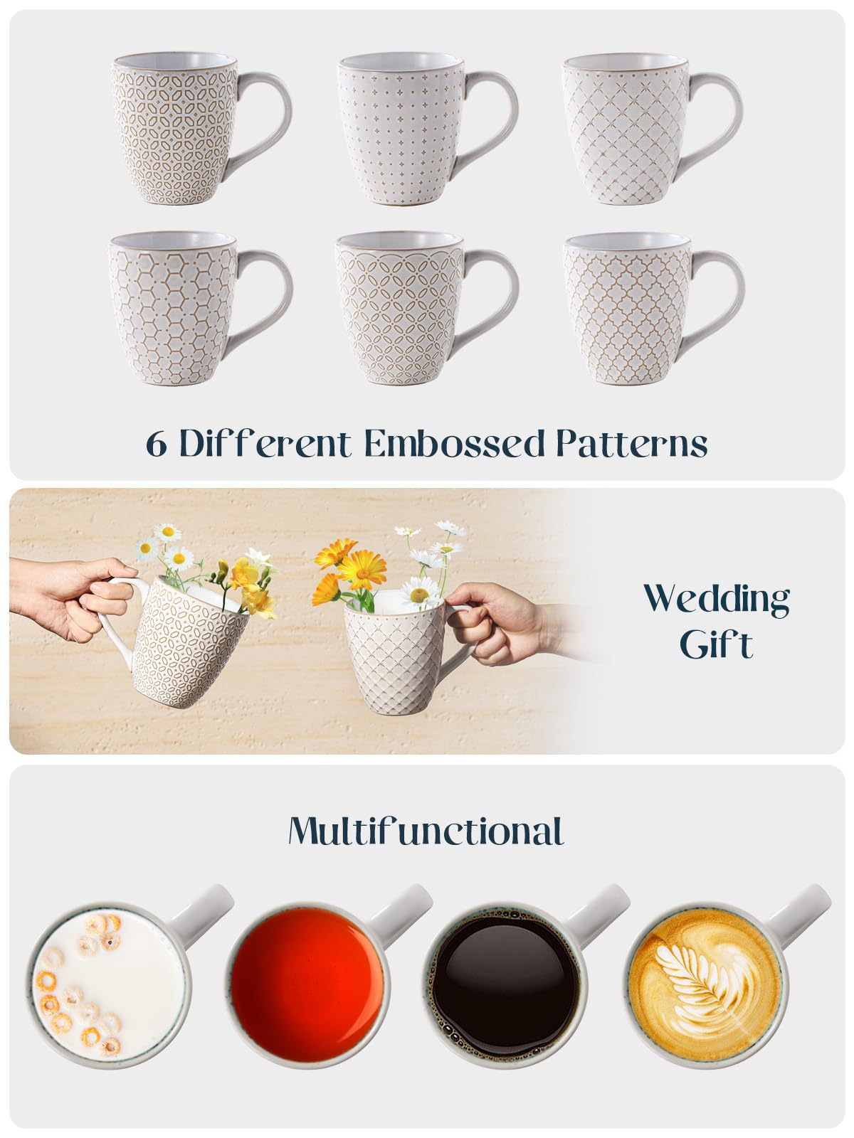 DOWAN Coffee Mugs Set of 6-19 oz Large Mug - Ceramic Embossment Stoneware Tea Cups with Handle for Hot Chocolate - Handcrafted Mug Gift Set for Men