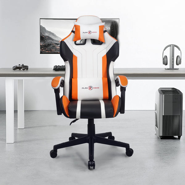 T-THREE.Ergonomic Leather Gaming Chair Height Adjustable with Headrest and Lumbar Support(Orange)