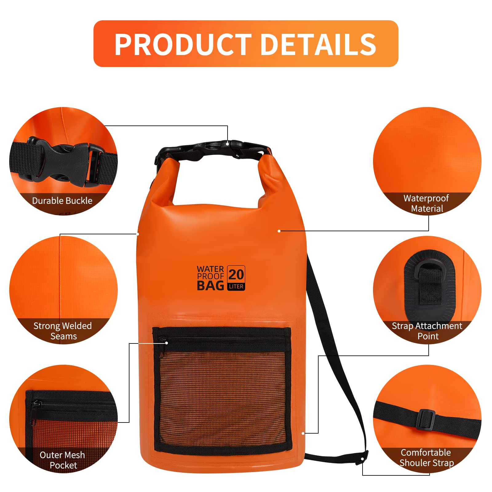 Bojury Waterproof Dry Bag Backpack 30L with Mesh Pocket Adjustable Strap - Roll Top Portable Dry Sack for Kayaking Boat Tour Canoe Swimming Snow Boarding-Blue Fishing Rafting