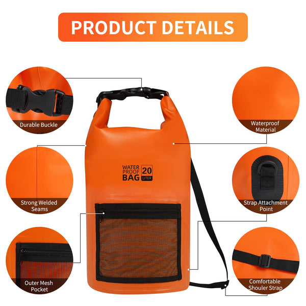 Bojury Waterproof Dry Bag Backpack 30L with Mesh Pocket Adjustable Strap - Roll Top Portable Dry Sack for Kayaking Boat Tour Canoe Swimming Snow Boarding-Blue Fishing Rafting