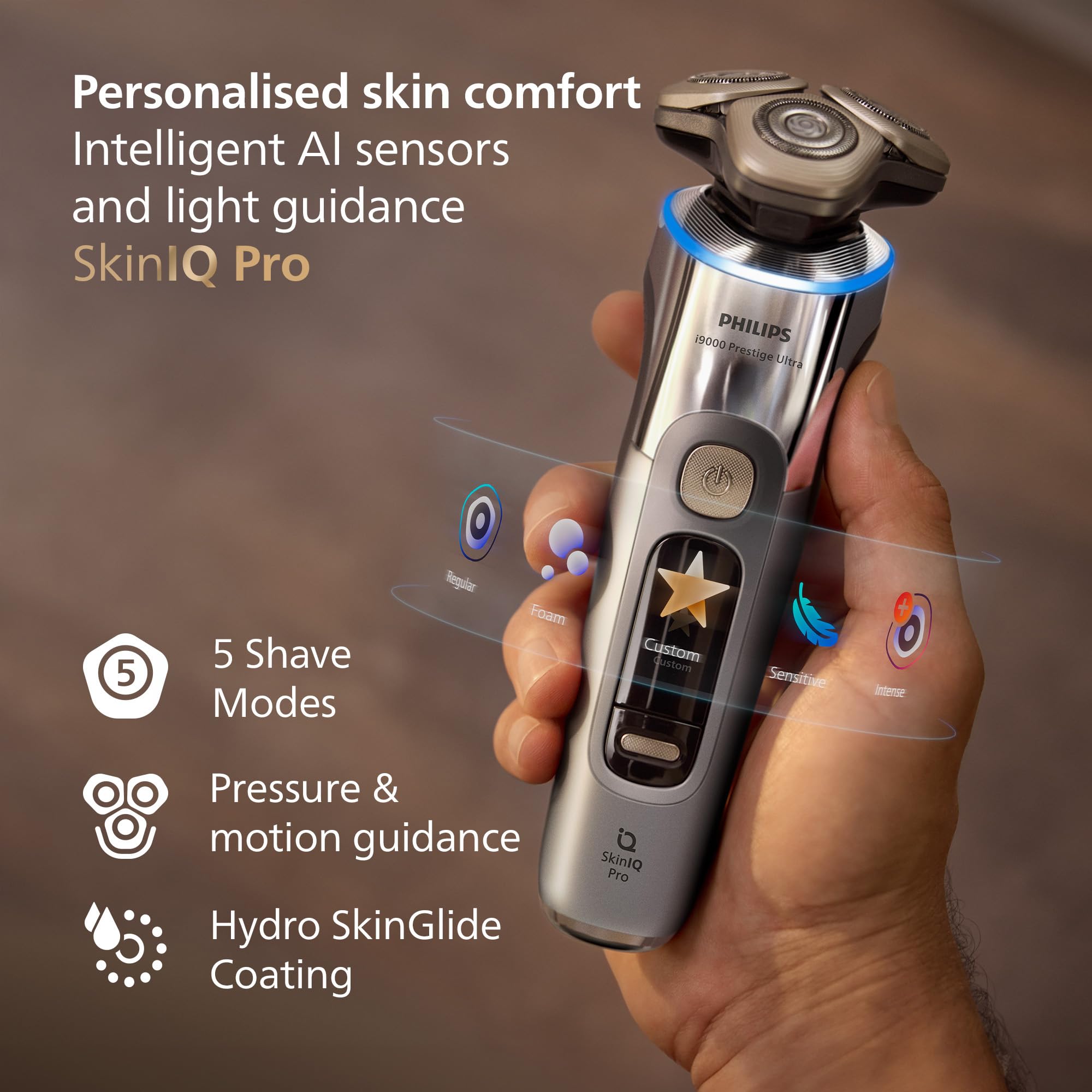 Philips Shaver i9000 Prestige Ultra, Wet & Dry Electric Shaver, Chrome, Skin IQ Pro Technology, Triple Lift & Cut System, 360 Rotating NanoTech Precision Blades, 5 Shaving Modes, Model XP9404/31