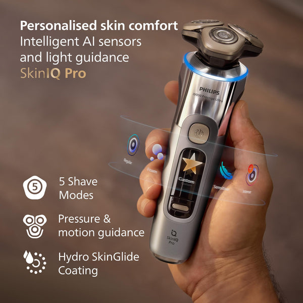 Philips Shaver i9000 Prestige Ultra, Wet & Dry Electric Shaver, Chrome, Skin IQ Pro Technology, Triple Lift & Cut System, 360 Rotating NanoTech Precision Blades, 5 Shaving Modes, Model XP9404/31