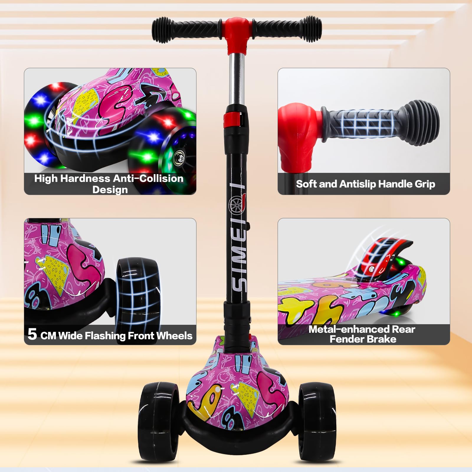 3 Wheels Kids Scooter for Boys Girls Ages 3-8 Years Old Boys Girls with Adjustable Height Flashing LED Lights Folding Kick Scooter