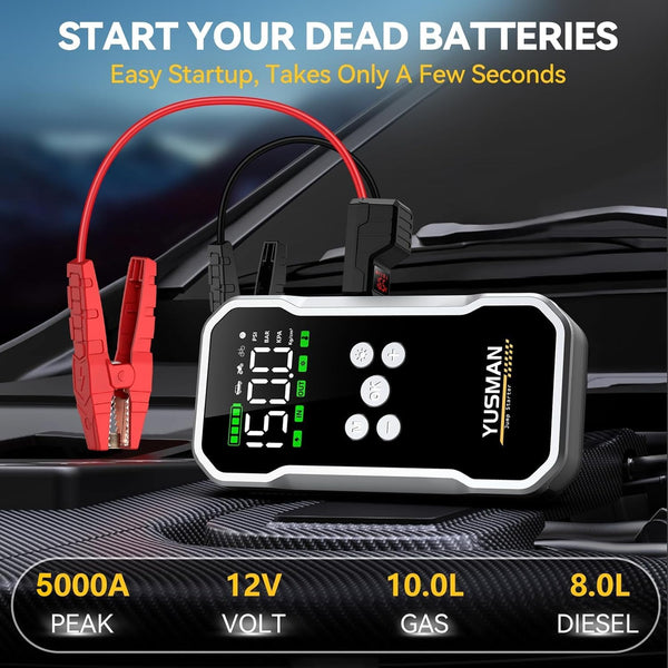 Jump Starter Power Pack with Air Compressor, 7000A 150PSI Portable Car Battery Booster (All Petrol/10L Diesel), 12V Car Jump Starter Power Bank with Jump Leads, LCD Screen, 2 LED Light