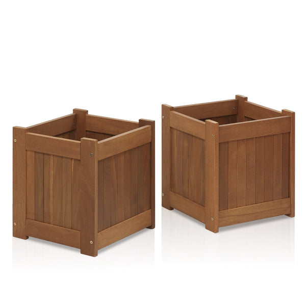 Furinno Tioman Hardwood Outdoor Flower Box, Planter Stand in Teak Oil, Natural, 2-Pack