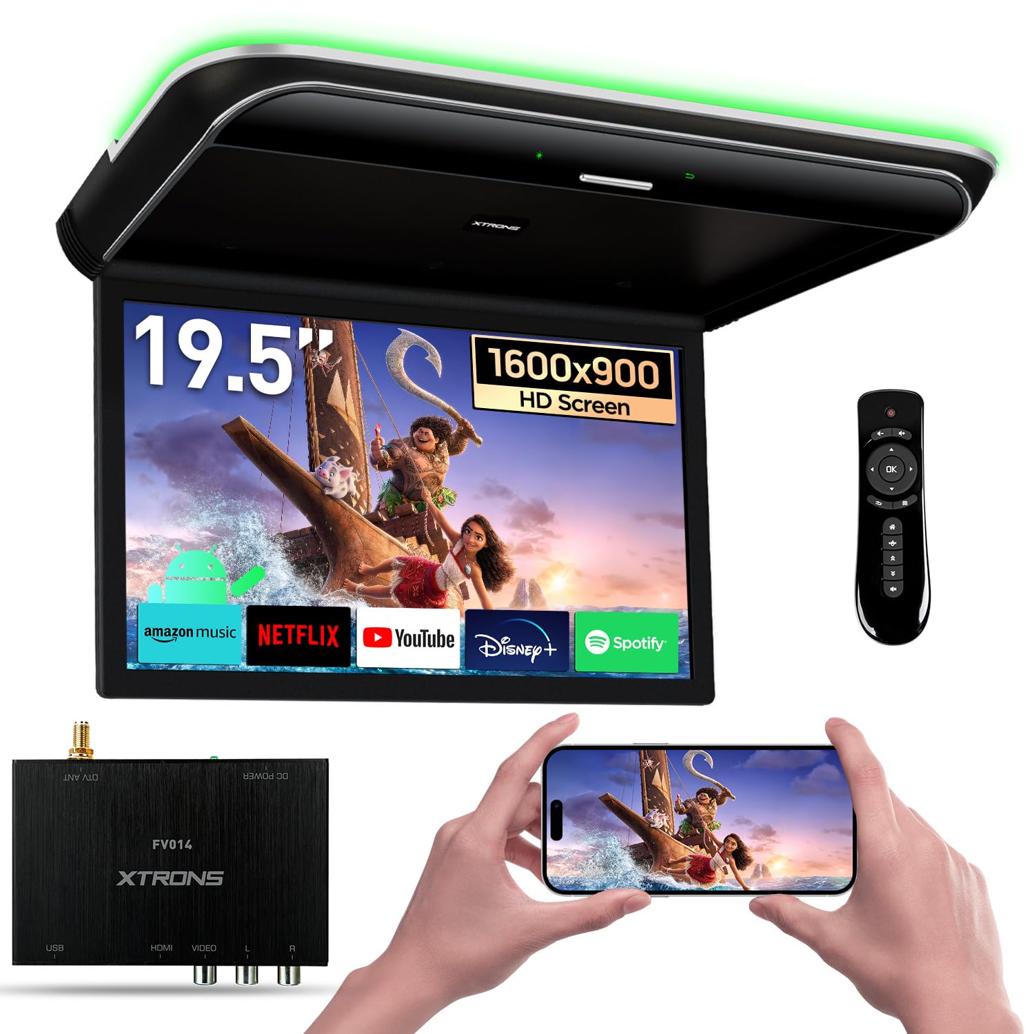 XTRONS Android Car Overhead Player 19.5 Inch Octa Core Car Roof Mount Monitor Wide IPS Screen 8K Video Built-in Stereo Speakers Flip Down Overhead Car Monitor Support 4G WiFi HDMI Input USB RCA Input