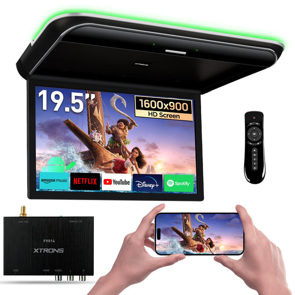 XTRONS Android Car Overhead Player 19.5 Inch Octa Core Car Roof Mount Monitor Wide IPS Screen 8K Video Built-in Stereo Speakers Flip Down Overhead Car Monitor Support 4G WiFi HDMI Input USB RCA Input