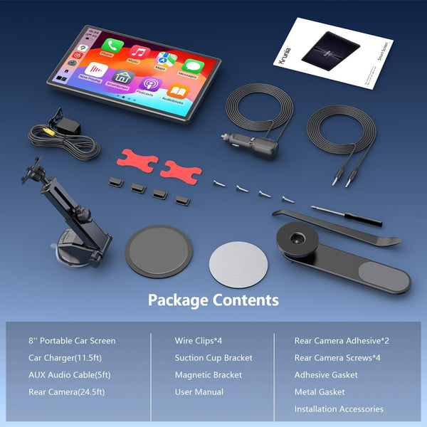 Krunia 8'' Portable Car Screen for Apple CarPlay & Android Auto, 1440x900 HD Display, Magnetic Mount, OTA Updates, Portrait and Landscape Modes, Backup Camera, Bluetooth, Voice Control, GPS Navigation