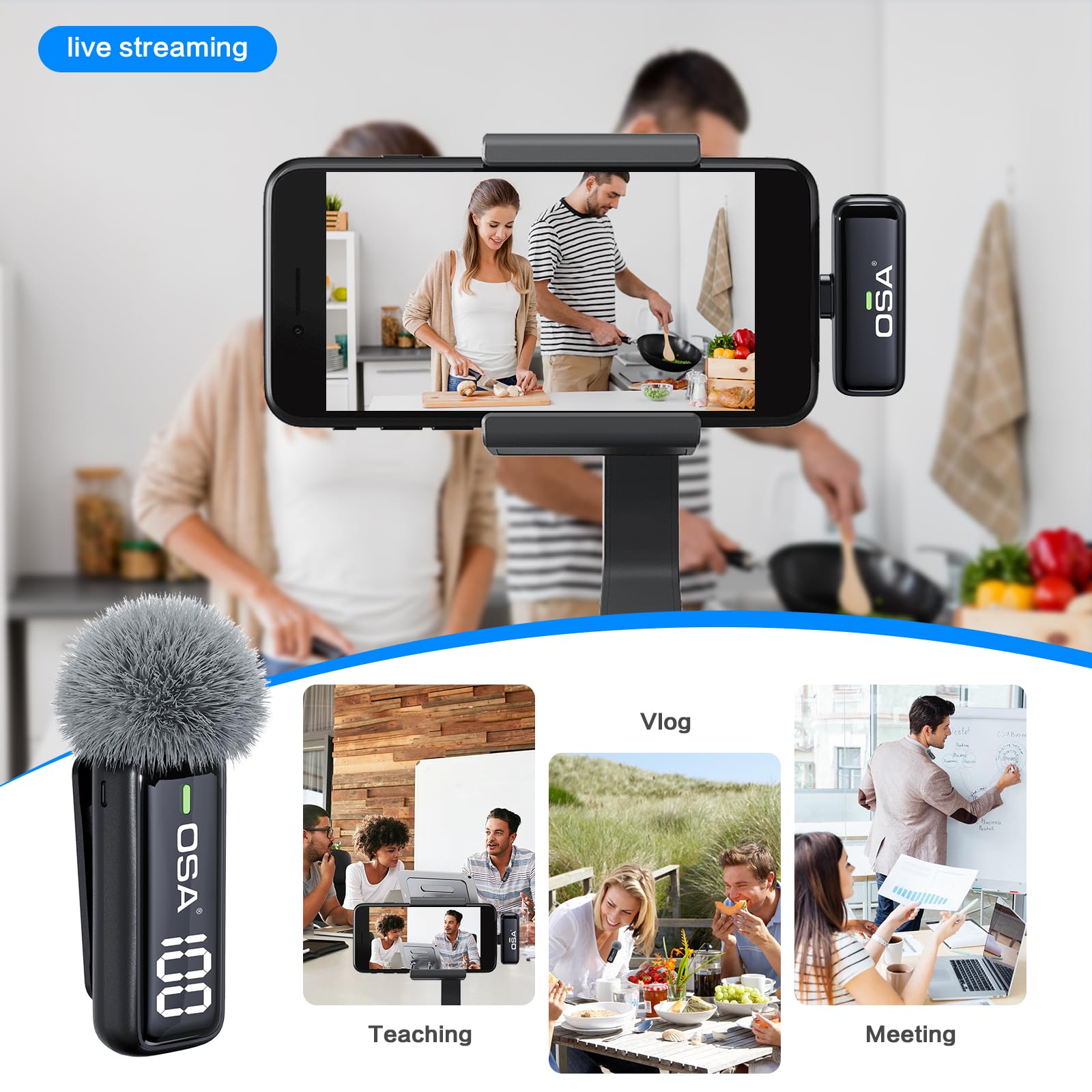 OSA Wireless Microphone for iPhone iPad with Smart Charge Case and Digital Display, 40H Clip on Wireless Lavalier Microphone with Noise Reduction for Video Recording, Plug & Play (2 Mic, 2 Recive)