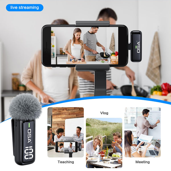 OSA Wireless Microphone for iPhone iPad with Smart Charge Case and Digital Display, 40H Clip on Wireless Lavalier Microphone with Noise Reduction for Video Recording, Plug & Play (2 Mic, 2 Recive)